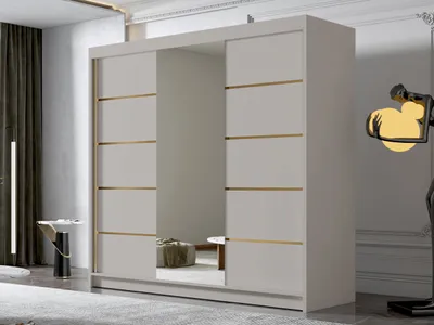 A modern bedroom with a large sliding door wardrobe.