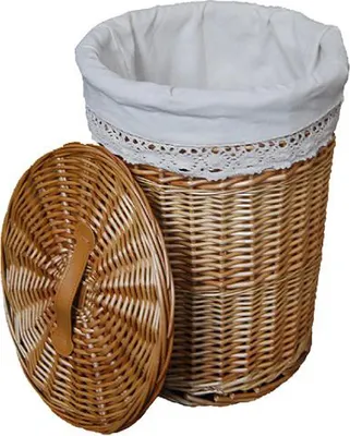 Productafbeelding van Wasmand, wasbakken, waskist. Kleur: beige, vorm: rond, inhoud: 34 liter. Materiaal: bekleding, deksel. Afmetingen: diameter 32 cm, hoogte 47 cm