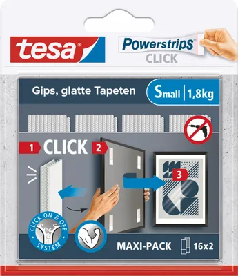 Packaging for tesa Powerstrips CLICK adhesive strips, showing how to use them to hang pictures.
