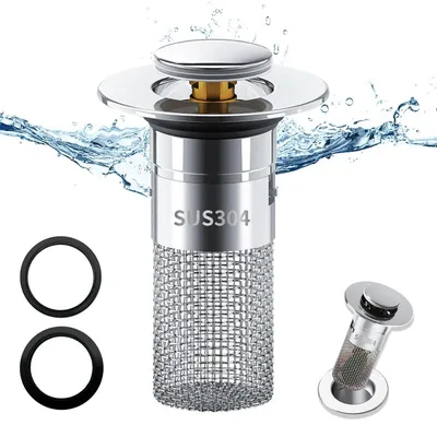 Image de Filtre de trop-plein rétractable, 34-40 mm, en acier inoxydable, avec tamis filtrant, couleur argent, 1 pièce
