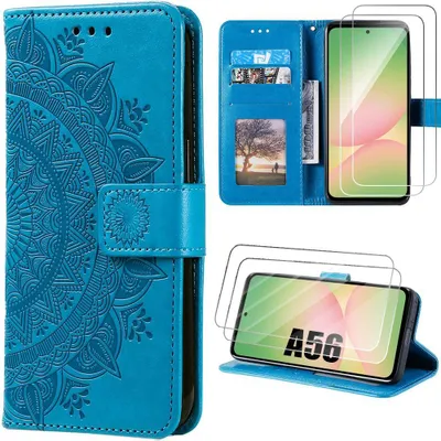 Image de Coque + 2 Verres Trempés pour Samsung Galaxy A56 5G, Protection Antichoc CuirPolyuréthaneBleu Motif Floral Géométrique