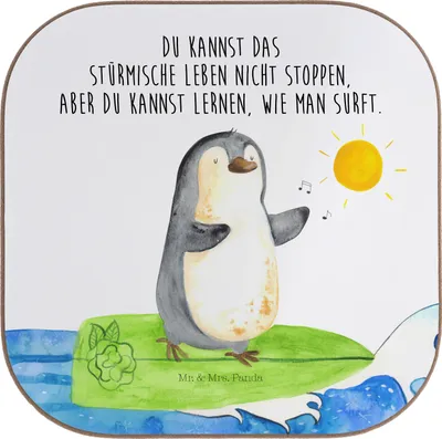 Produktbild von Mr. & Mrs. Panda Untersetzer für Gläser Pinguin Surfer - Weiß - Geschenk, Tasse, gläseruntersetzer, Optimistisch, Urlaub, Lebensweisheit, Tischuntersetzer, Portugal