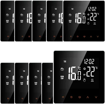 A collage of smart thermostat displays, showing different temperature readings and times.