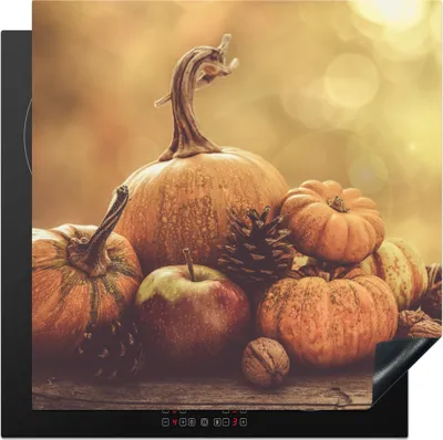 Produktbild von KitchenYeah© Herdabdeckplatte Kürbis - Herbst - Tannenzapfen - Obst - Apfel , 78x78cm, Küche Deko, Glaskeramikkochfeld Herdabdeckung, Abdeckplatte fùr Kochfeld