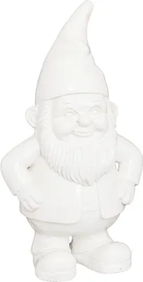 A white ceramic garden gnome figurine.
