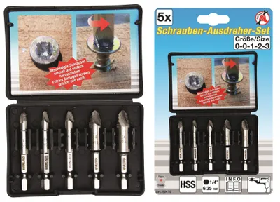 The image shows two packages of a screw extractor set. The left package is open, displaying the tools inside and a demonstration of their use. The right package is sealed and shows the same product and information.