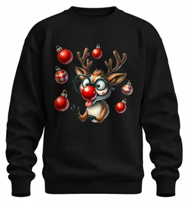 Imagen del producto de Sudadera con cuello redondo, diseño divertido de Rudolph el Reno con nariz roja, gafas, adornos navideños. Regalo uni. Color: negro. Talla: S