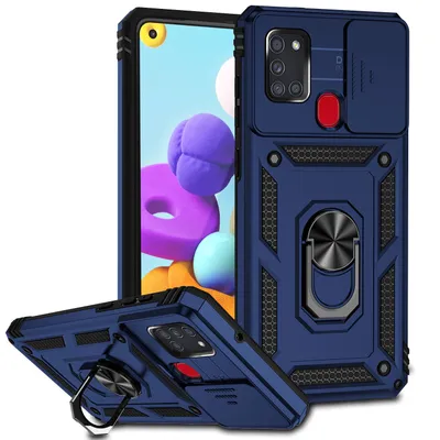 Immagine prodotto di Custodia per Samsung Galaxy A21S a doppio strato con copertura scorrevole per la fotocamera e supporto ad anello blu