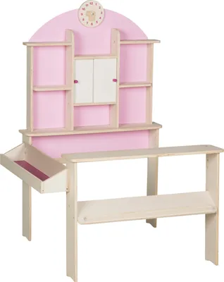 Image de Magasin en bois "Roba", couleur naturelle, avec comptoir latéral, horloge, fond rose et portes coulissantes blanches