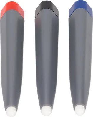 Three stylus pens with different colored tops (red, black, blue) arranged side-by-side against a white background.