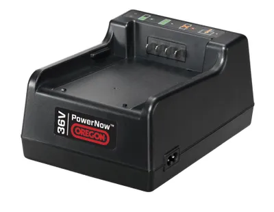 A black battery charger for a 36V Oregon PowerNow battery.