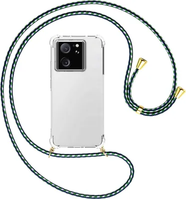 Produktbild von Handykette Backcover-Schutzhülle mit Band (Metall goldfarben) für Xiaomi 13T Pro (6.73'') - grün/blau/weiß