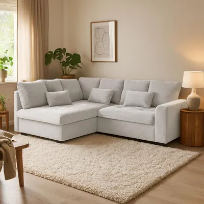 Obrázek produktu pro BEAUTYSOFA | Rohová pohovka RAMO 229 cm, rohová pohovka s funkcí spaní 160x200 cm, moderní rozkládací pohovka v krémové barvě, včetně matrace