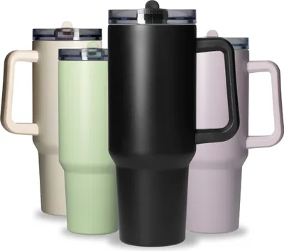 Image de Gobelet en acier inoxydable 1,2 L « Tampa » - Gobelet avec couvercle et paille pour boissons chaudes et froides  - noir