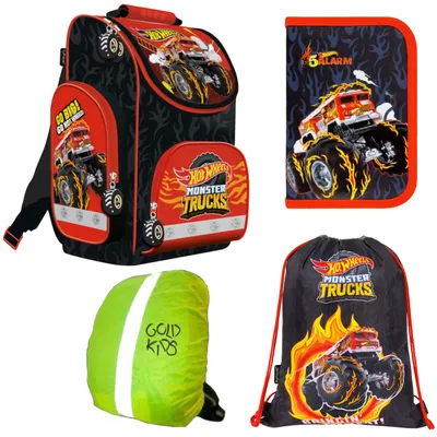 Produktbild von Goldkids - Schulranzen für Jungen und Mädchen, 4er-Set - Schul-Rucksack für Kinder mit Federmäppchen - Schuhbeutel und Regenschutz - Hot Wheels Motiv