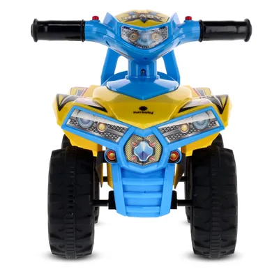 A front view of a yellow and blue children's ride-on quad.