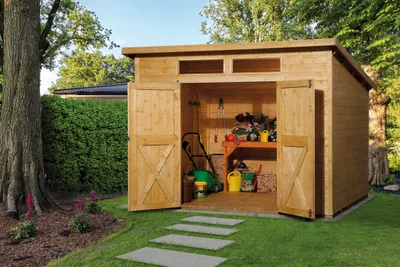 Produktbild von WEKA 325.3025.21410 Gartenhaus/Blockbohlenhaus Nova Plus mit Doppeltür/Doppelfenster ; Größe: 2 ; Farbgebung: Lasiert ; Wandstärke: 19 mm ; Maße (LxBxH): 299 cm x 250 cm x 235 cm ; Seitenwandhöhe: 186 cm
