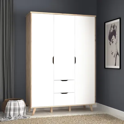 Produktbild von Kleiderschrank >VANKKA< in Planked Eiche , Weiss - 139,4x201,5x52,7cm (BxHxT)