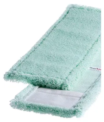 A close-up view of a mint green microfiber mop head with a white insert.