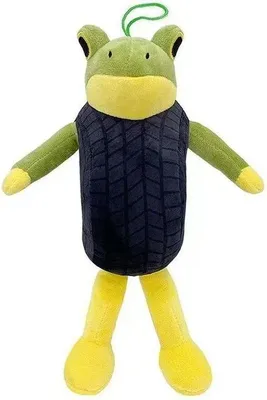 Produktbild von Kuscheliger Maskottchenfrosch, 30 cm, Ambalabú - grüner Plüschfrosch in einer Weste mit Reifenmuster