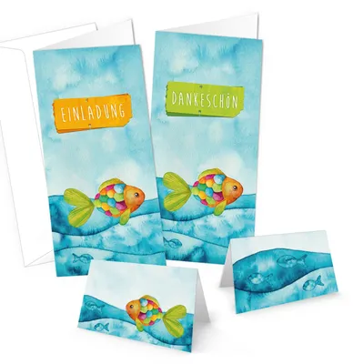 Set 20 Personen: Einladungs- & Dankeskarten + 25 Tischkarten Regenbogenfisch