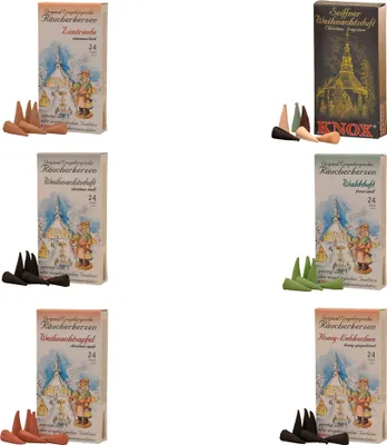 Produktbild von KNOX 6er Set Räucherkerzen Seiff. Weihnachtsmischung/Weihnachtsapfel/-duft/Zimtrinde/Honig-Lebkuchen/Waldduft - jeweils 24 Stück, Größe M (Standard)