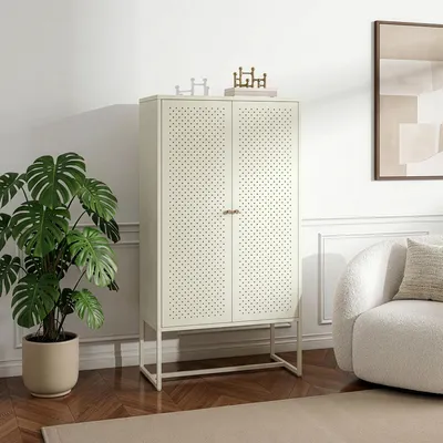Produktbild von Highboard 'Viitasaari' 150 x 80 x 40 cm Wohnzimmerschrank mit 2 Türen und 3 Ablagefächern Stahl Cremeweiß