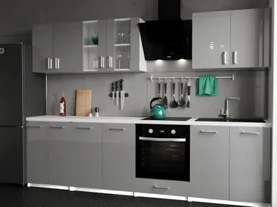 Obrázok produktu pre Kuchyňa KÜCHENZEILE KÜCHENBLOCK MODERN 280 CM kuchynská linka na mieru sivá vysoký lesk, farba:sivá vysoký lesk, farba stolovej dosky:biela