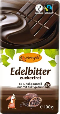 Produktbild von Birkengold Edelbitter Schokolade 85% Kakaogehalt ohne Zuckerzusatz - 100g