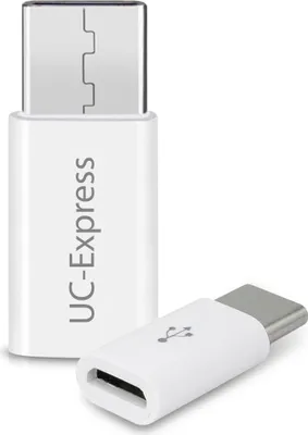 Two white USB-C adapters are shown against a white background. One adapter is standing upright, and the other is lying down.