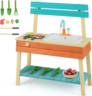 Image de COSTWAY Cuisine extérieure pour enfants, cuisine en bois avec robinet, barbecue, brochettes en bois, aliments et accessoires de jardin, cuisine extérieure pour enfants de 3 ans et plus