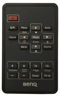 A black remote control for a BenQ projector.