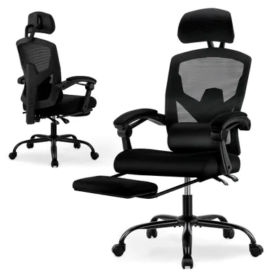 Produktbild von Ergonomischer Bürostuhl mit Komfortarmlehnen, Lendenwirbelstütze und Fußstütze, geeignet für Zuhause