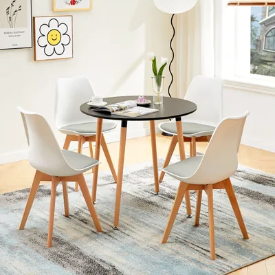 Image de HJ_WeDoo Lot de 4 chaises de salle à manger avec pied en hêtre massif, design scandinave Chaise de cuisine rembourrée Chaise de cuisine en bois, blanc & gris