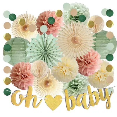 Productafbeelding van Babyfeest decoratieset in saliegroen, roze en beige, met zijdepapier pompons en een guirlande