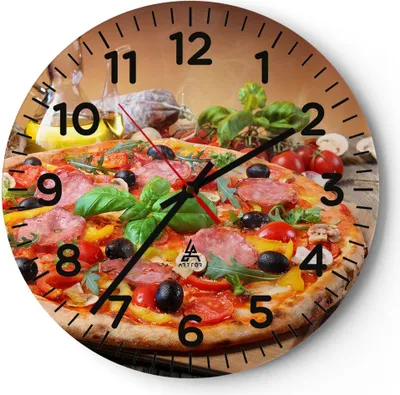 Produktbild von Wanduhr - Rund - Glasuhr - Pizza Käse Tomaten - 30x30cm - Schleichendes Uhrwerk - Lautlos - zum Aufhängen bereit - Dekoration Modern - Wanddekoration aus Glas - C4AR30x30-4024