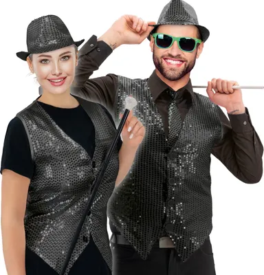 Produktbild von Pailletten Weste uni schwarz XXL schwarze Party Weste Glitzer glänzend JGA Karneval Silvester