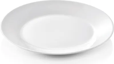 A single white plate on a white background.