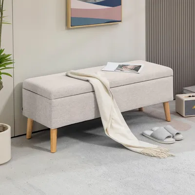 Produktbild von SUGIFT Sitzbank mit Stauraum, Polsterbank Leinenoptik, Sitztruhe Aufbewahrungsbank, Beige | 110x39x45 cm | bis 220 kg | Skandinavisches Design