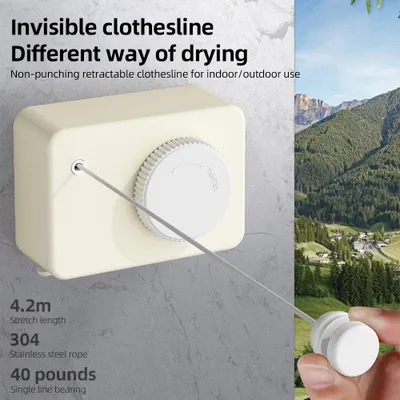 Obrázek produktu pro Skrytá zatahovací prádelní šňůra Venkovní vnitřní 14 stop z nerezové oceli Lano Heavy Duty Steel Wall Mount Drying Rack Clothes Line Přenosná bez vrtání Cestovní prádelní linka s bezpečným zámkovým systémem