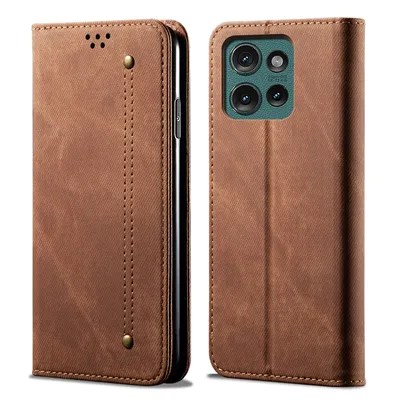 A brown leather flip case for a smartphone is shown from the front and back.