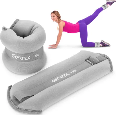 A collage showing ankle weights and a woman exercising with them.