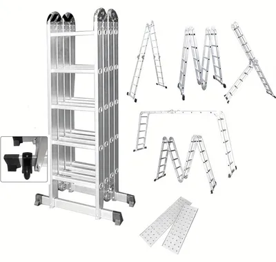 Immagine prodotto di Scala in alluminio - Scala pieghevole multifunzione - Scala a cavalletto 4x4 - Portata massima 150 kg - Con ruote e piattaforma