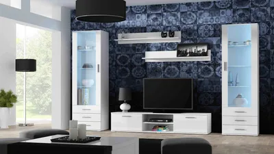 Produktbild von Furniture24 Wohnwand SOHO 4 modernes Wohnzimmer Weiß / Weiß Hochglanz