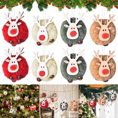 8er Set Weihnachtsbaum-Anhänger Rentier aus Filz und Holz