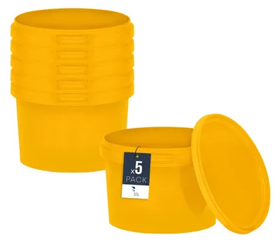 Immagine prodotto di Secchio BenBow con coperchio 0,5L x5 giallo - sicuro per gli alimenti, robusto, ermetico, a prova di perdite, inodore - secchio in plastica con manico - vuoto