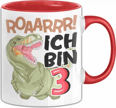 Produktbild von 3. Geburtstag Geschenk Tasse Becher Jungs Dino T-Rex Roaarrr Ich Bin 3 (Rot)
