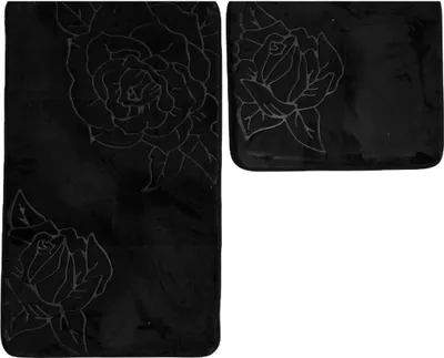 Produktbild von Almina Premium 2 teiliges Bademattenset aus Polyester Rutschfest Waschbar mit Rosenmotiv Schwarz