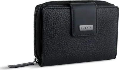 A black leather wallet with a zipper closure and a snap-button flap.