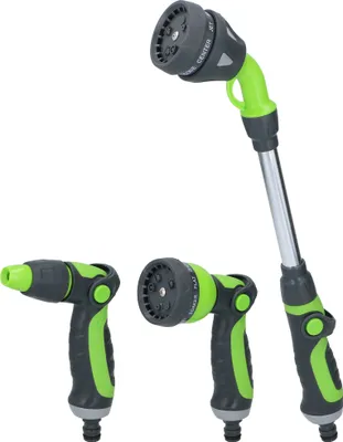 Produktbild von Kinzo 3teiliges Sprühkopf-Set Gartenschlauch - Sprühpistole, Spritzpistole und ausziehbarer Sprühkopf 15" - 8 Sprühstufen - Gartenschlauchanschluss - Grün/Schwarz